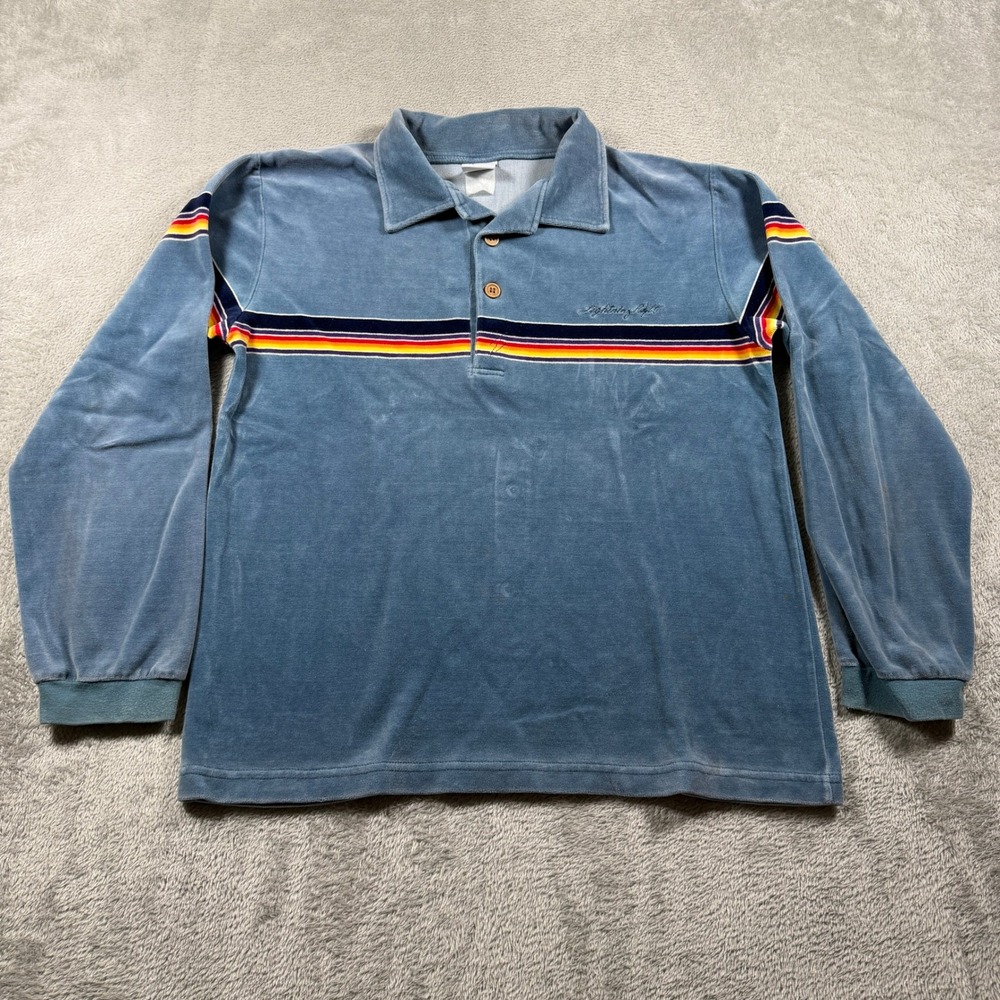 Vintage Lightning Bolt Velour Polo Shirt Mens Medium‎ Blue Long Sleeve READ